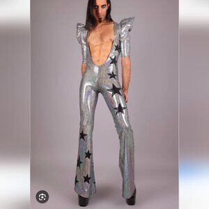 Rockstar Halloween Catsuit Jumpsuit  Metallic with Star Accents - Small BNWOT
